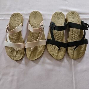 Crocs T Strap Sandals in Cream and Black